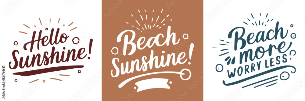 Naklejka premium Hand drawn summer quotes Hello Sunshine Beach Sunshine Beach More Worry Less typography design for vacation t shirt poster