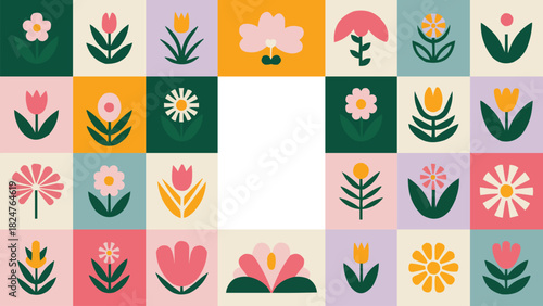 Colorful floral pattern flat geometric flower illustration border frame background for spring greeting and decorative design