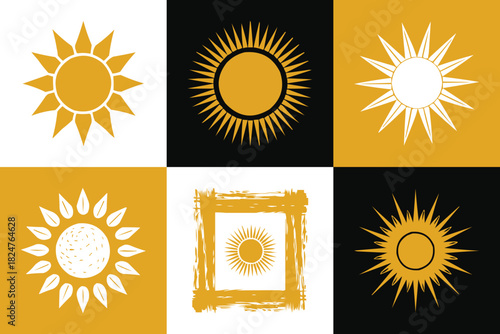 Sun icon collection minimal geometric shapes abstract summer symbol set in black white gold for logo design and decoration
