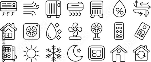 Collection of climate control and weather icons in outline style vector