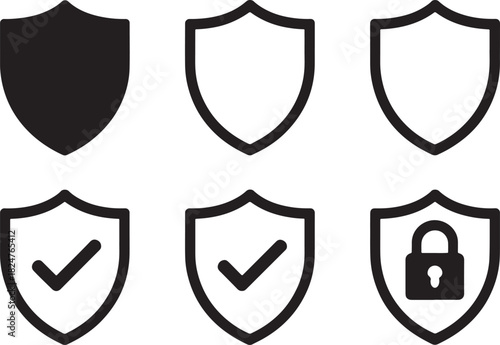 Shield icons representing protection and security with checkmarks and lock safety defense