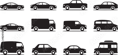 Silhouettes of various cars and trucks on a white background Keywords: car, automobile, vehicle