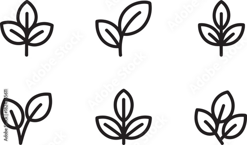 Simple line art icons of leaves and plants on white background Keywords: leaf, leaves, plant, sprout