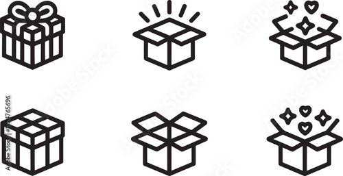 Six black and white line art gift box and open box icons on white background present ribbon