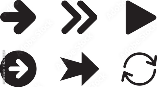 Six black arrow icons including play and refresh symbols on white background Keywords: arrow, icon