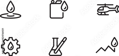 Six Outline Icons for Industry and Science Concepts Keywords: water drop, liquid, fuel, canister