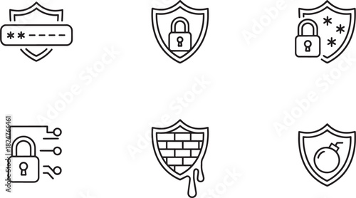 Six security and protection icons including lock firewall and bomb symbols shield