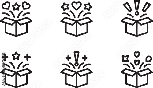 Six Outline Icons of Open Boxes with Festive Elements Keywords: box, open box, gift, present