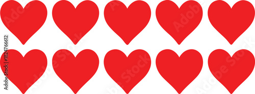 Ten red hearts arranged in two rows on a white background love romance