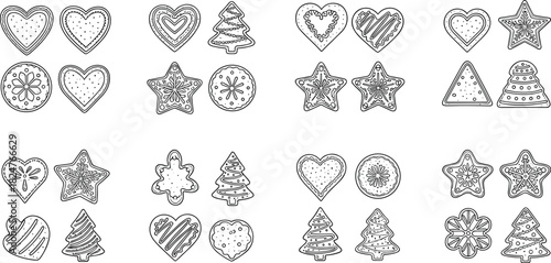 Christmas cookie collection with heart shapes, star biscuits, tree cookies, round treats, festive holiday baked decorative clipart set