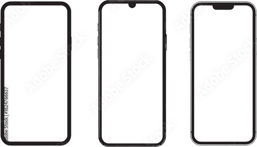 Three Modern Smartphones With Blank White Screens On White Background mobile cell
