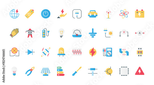 Electricity, electric circuit symbols flat icons set vector illustration. Voltage power flat and lightning charge, protection gear and equipment of electrician and bulb, plug and socket