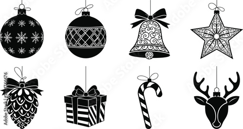 Christmas hanging ornaments, festive baubles, decorative bell, elegant star, pinecone decor, candy cane, gift box, reindeer silhouette