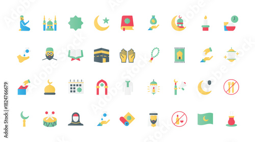 Islam flat icons set vector illustration. Muslim religion and worship symbols, Saudi man and woman in hijab, mosque and Quran, religious calendar of holidays for prayers and charity.