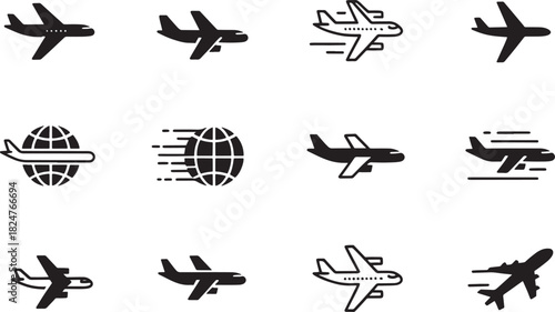 Twelve airplane and globe icons related to travel and global connectivity aircraft