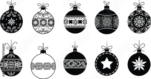 Christmas ornament vector set featuring detailed decorative baubles with bows, floral patterns, stars, snowflakes, festive holiday designs