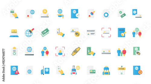 Visa approval and registration flat icons set vector illustration. Symbols of legal documents for immigration or travel to a foreign country, work permit license and grants for students.