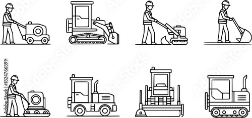 Vector icon sheet of construction worker operating road equipment, including roller, compactor, rake, and broom, for pavement maintenance and surface repair
