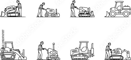 Vector icon sheet of construction worker operating road equipment, including roller, compactor, rake, and broom, for pavement maintenance and surface repair