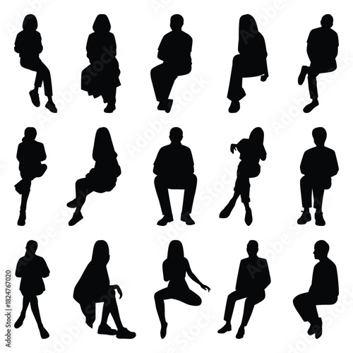 Vector collection set of sitting people silhouettes.	
