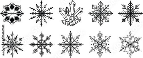 Decorative snowflake and crystal vector collection featuring detailed winter ice patterns, ornate symmetrical designs, seasonal holiday elements