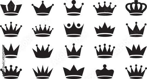 Variety of black crown icons in different styles royal royalty