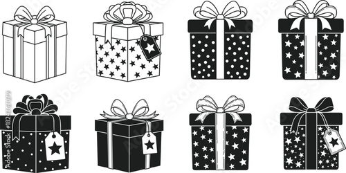 Gift box vector collection featuring wrapped presents with bows, stars, polka dots, tags, festive Christmas and celebration designs