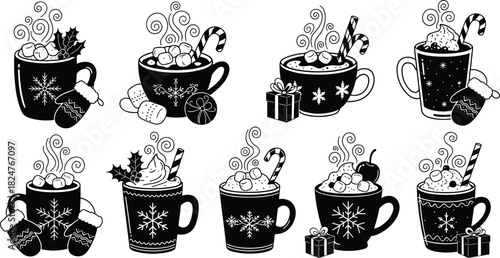 Festive winter hot cocoa mugs with marshmallows, candy canes, whipped cream, holiday gifts, mittens, berries and seasonal decorations