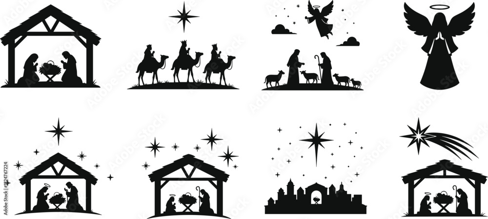 Fototapeta premium Silhouette Christmas nativity scene collection featuring holy family, wise men, angels, shepherds, star of Bethlehem and manger icons