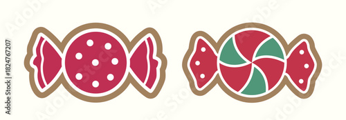 Red and green candy-shaped gingerbread cookies clipart set.
Winter Christmas party cookies.
Flat vector illustration.
White background.