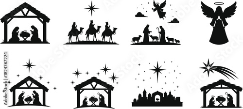 Silhouette Christmas nativity scene collection featuring holy family, wise men, angels, shepherds, star of Bethlehem and manger icons