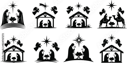Silhouette nativity scene bundle featuring holy family, angels, wise men, star of Bethlehem, Christmas manger icons collection