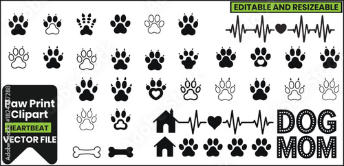Dog Pet Animal Footprint Icons, Heartbeat, Bone, and Dog Mom Vector Set .