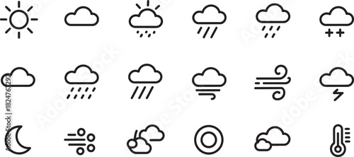 Weather forecast icons set sun cloud rain wind moon thermometer Keywords: sun, sunny, cloud, cloudy