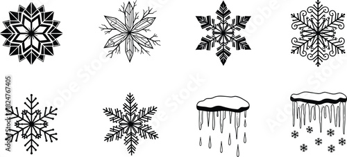 Winter snowflake and icicle vector collection featuring detailed ice crystals, decorative frozen patterns, seasonal cold weather elements