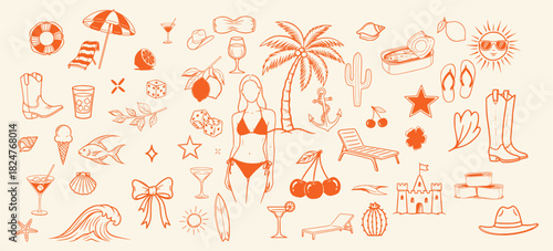Monochrome Orange Summer Collage – Stylized Beach & Vacation Icons for Merch & Decor
