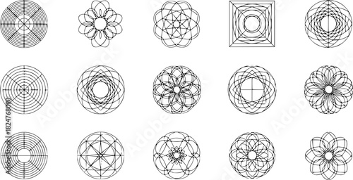 Vector art of a series of geometric line art icons featuring abstract circles, decorative patterns, and minimalist designs for modern graphics, isolated on white background