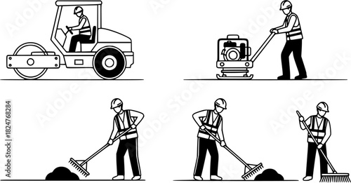 Vector icon sheet of construction worker operating road equipment, including roller, compactor, rake, and broom, for pavement maintenance and surface repair