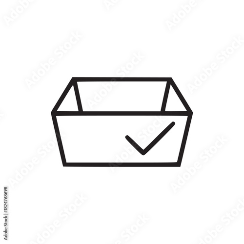 Simple line drawing of an open box with a checkmark on the side in a minimalist style on white