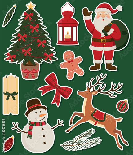 Vector winter sticker pack. Christmas festive symbols and design elements - Christmas tree, lantern, Santa Claus, candles, gingerbread cookie, bow, snowman, reindeer, spruce branch and tree ornaments.
