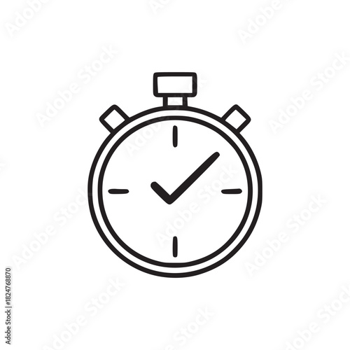 A minimalistic line drawing of a stopwatch with a checkmark inside on a plain white background