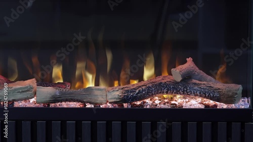 Realistic Long Log Wood Burning Built in Electric Fireplace in Home
