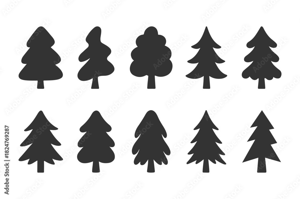 Obraz premium Pine fir tree black silhouette vector set collection forest nature woodland icon design bundle.