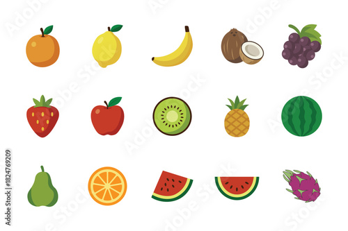 Vibrant summer fruit icon collection vector set for healthy diet and organic food design elements.