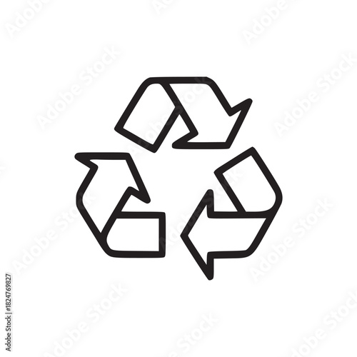 Isolated black outline recycle symbol with three arrows on a plain white background center view