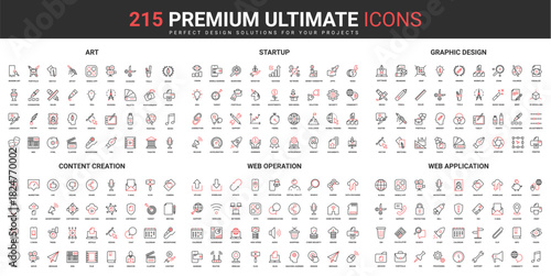 Art creation and startup, entertainment thin line red black icons set vector illustration. Abstract symbols, tools of creative designer, services for work and hobby simple design for mobile, web apps