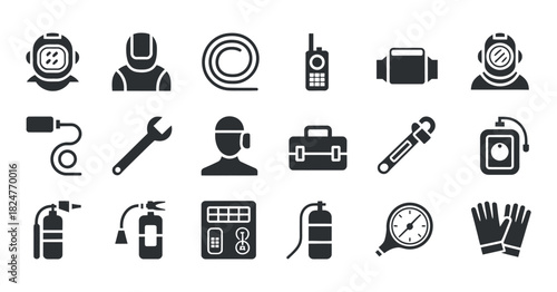 Set of Scuba Diving Gear and Equipment Icons on Transparent Background