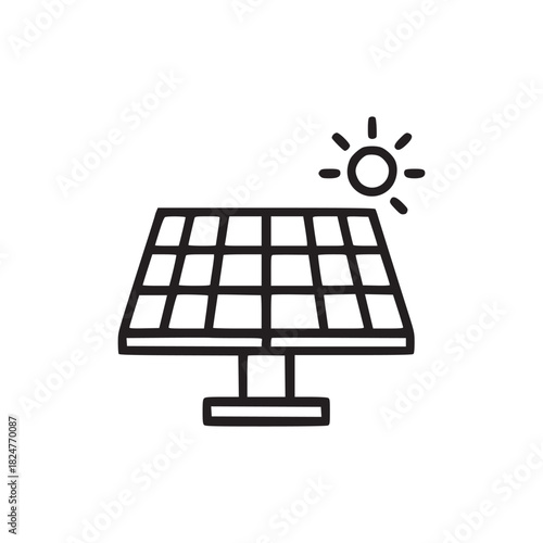 A simple line art illustration of a solar panel with a sun symbol on a white background design icon
