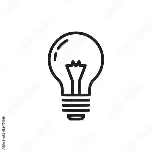 A simple black and white line drawing of a light bulb centered on a plain white background space