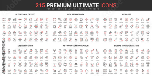 Blockchain crypto, new technology, web apps, cyber security, network communication, digital transformation thin line red black icons set vector illustration. Simple design for mobile and web apps.